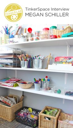 there are baskets on the shelves in this craft room