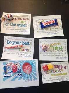 four candy bar stickers with different sayings on them