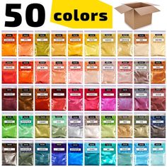 50 colors of acrylic paint in a box with the price tag below it