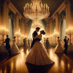 a man and woman dance in an ornate ballroom with chandeliers hanging from the ceiling