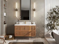 a bathroom with a sink, mirror and bathtub in it next to a potted plant