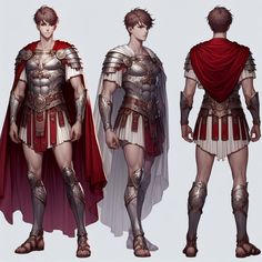 three renderings of roman men in armor and capes, one wearing a red cape