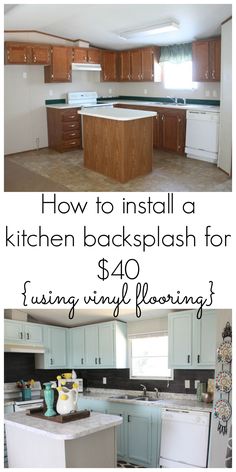 two pictures with the words how to install a kitchen backsplash for $ 40 using only flooring