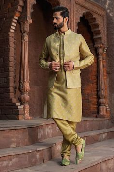 Green Nehru jacket with bouquet print and mandarin collared neckline. - Aza Fashions Festive Nehru Jacket With Stand Collar For Spring, Fitted Nehru Jacket With Stand Collar For Spring, Nehru Jacket For Men, Green Bouquet, Nehru Jacket, Nehru Jackets, Green Silk, Mandarin Collar, Aza Fashion