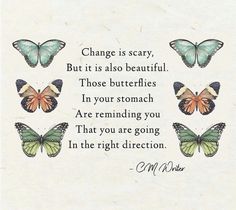 a quote with butterflies on it that reads change is scary, but it also beautiful those butterflies in your stomach are remind you that you are going in the right direction