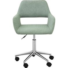 a light green office chair with wheels and casteors on an isolated white background, viewed from the front