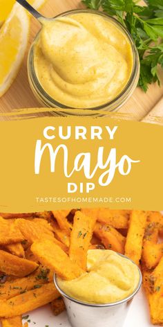 curry mayo dip in a small bowl next to some french fries and lemon wedges