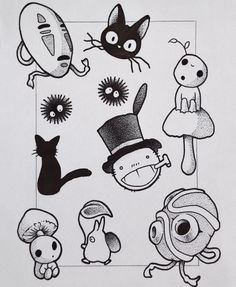 an image of cartoon characters drawn in black and white on a piece of paper with ink