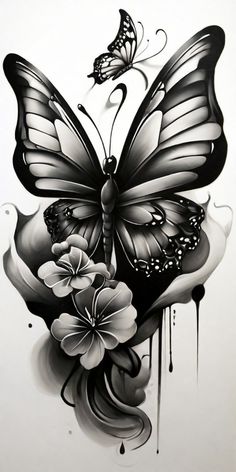 a black and white drawing of a butterfly with flowers