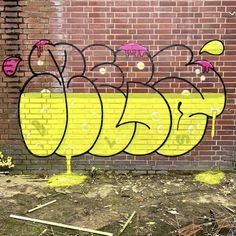 graffiti on the side of a brick building with yellow and pink flowers painted on it