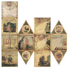 six different images of people and animals on old paper, each with an upside down sunburst