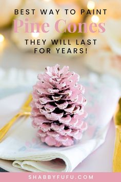 a pine cone sitting on top of a white plate next to a pink napkin with the words best way to paint pine cones they will last for years