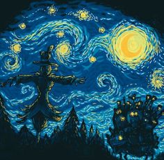 a painting of a person standing in front of a night sky with stars and swirls