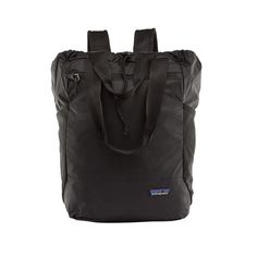 Patagonia Black Ultralight Black Hole Tote pack is made of recycled nylon. It is weather-resistant and packable. Features a main compartment and large interior and exterior zippered pockets and double stretch mesh water bottle pockets. It has adjustable, breathable shoulder straps and can be carried as a tote or a backpack and stuffs into its own pocket. Made of 100% recycled nylon with a 100% recycled polyester lining. Dimensions: 15.5" x 10.25" x 8" 27L (1,648 cu in) BRAND FACTSPatagonia grew Sac A Dos Patagonia, Patagonia Backpack, Patagonia Brand, Backpacking Packing, Nylon Tote, Water Repellent Fabric, Waist Pack, Travel Tote, Bags Travel