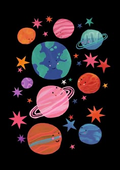 the solar system with stars and planets painted on it's black background, as well as