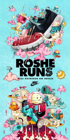 an advertisement for the nike rosh run is shown in pink and blue with cartoon characters on