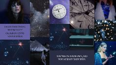 a collage of photos with stars and clocks in the background, including an image of a woman wearing a blue dress