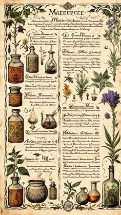 an old poster with different types of bottles and flowers on it's side, including herbs