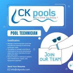 an advertisement for pool technician on the side of a blue and white background with text