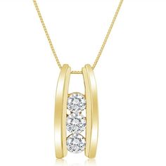 This Beautiful 1.00ctw Diamond Three Stone Pendant is made with I2-I3 Clarity and G-H Color Diamonds in 14k Yellow Gold Size: one size.  Gender: female.  Age Group: adult. Fine Jewelry Diamond Necklace With Channel Set, Gold Three-stone Necklace For Formal Occasions, Gold Three Stone Necklace For Formal Occasions, Diamond White Channel Set Diamond Necklace, Fine Jewelry Diamond White Channel Set Necklace, Diamond White Channel Set Necklace, Fine Jewelry Diamond Necklace Channel Set, Formal Round Diamond Necklace Channel Set, Yellow Gold Three Stone Diamond Necklace For Anniversary