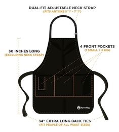 an apron with measurements and instructions for how to use the front pocket, back ties and side pockets