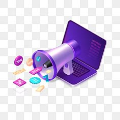 a purple laptop with icons coming out of it, on a transparent background png