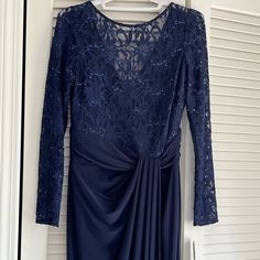 Lace, Sequins, Bright Navy Blue. Size 6. Never Worn. Blue Long Sleeve Mother Of The Bride Dress, Blue Fitted Long Sleeve Mother Of The Bride Dress, Elegant Blue Ralph Lauren Dress, Ralph Lauren Long Sleeve Party Dresses, Ralph Lauren Formal, Bright Navy Blue, Multicolor Floral Dress, Fitted Floral Dress, Gingham Jacket