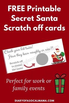 a red christmas card with the text free printable secret santa scratch off cards perfect for work or family events