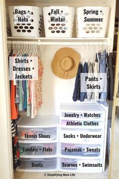 an organized closet with clothes, hats and t - shirts on the shelves that are labeled