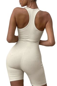 Stretch One-piece Halter Top For The Beach, Chic Fitted Mini Jumpsuit/romper, Sleeveless Yoga Jumpsuits And Rompers With Built-in Bra, Summer Yoga High-stretch Jumpsuits And Rompers, Athleisure Gym Jumpsuits And Rompers, Backless, Sleeveless Playsuit, Halter Romper, Polyester Spandex Fabric, Dark Wear