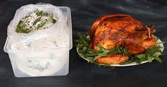 a turkey sitting on top of a plate next to a plastic container