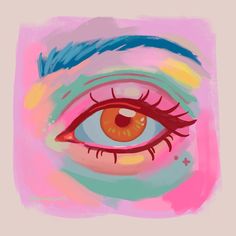 an eye with bright blue and orange colors on it's irise, painted in pastel tones