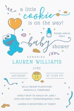 a baby shower is on the way with an elephant holding a balloon and some confetti