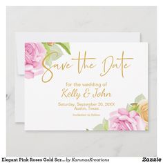 save the date card with pink roses and gold foil lettering on white marble background,