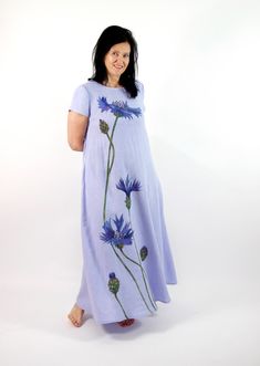 "Handmade 100% MaTuTu Linen Style maxi dress with pockets and short sleeves. BE UNIQUE! This dress is unique, created in collaboration with the painter who drew these wonderful flowers on the dress created by MaTuTu Linen Style. You can order a dress with such flowers as well, just choose the color of the dress from the list of colors, and the painter will make a wonderful flower on it too. Note that it is a handmade drawing, so it could be non-identical as in the photo. *100% local medium weigh Blue Short Sleeve Maxi Dress With Pockets, Blue Linen Short Sleeve Maxi Dress, Blue Linen Maxi Dress With Short Sleeves, Casual Blue Linen Maxi Dress, Blue Short Sleeve Linen Dress For Summer, Blue Linen Dresses With Short Sleeves, Blue Short Sleeve Linen Dress, Casual Linen Maxi Dress With Short Sleeves, Blue Linen Summer Dress With Pockets