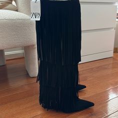 New W/Tag Zara Fringe Boot Size: 8 Color: Black Material: Suede Chic Evening Heels With Tassels, Elegant Evening Heels With Tassels, Elegant Tasseled Heels For Evening, Elegant Fringe Heels For Party, Black High Heel Heels With Tassels, Black High Heels With Tassels, Chic Black Boots With Fringe, Elegant Evening Heels With Fringe, Pointed Toe Party Boots With Fringe