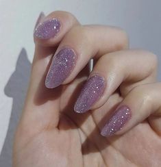 Sparkly Purple Almond Nails, Purple Nails With Gold Glitter, Glitter Lilac Nails, Lavender Nails Sparkle, Sparkly Nails Purple, Sparkly Lavender Nails, Purple Formal Nails, Soft Glitter Nails, Purple Glitter Nail Designs