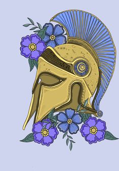 a drawing of a helmet with flowers on the side and leaves in the middle, against a blue background