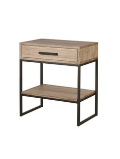 an end table with a drawer on the bottom and one drawer open to reveal a shelf