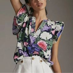 Never Worn, But No Tags. Perfect Condition. Bust: 32”, Length: 21” Feminine Multicolor Cotton Tops, Chic Purple Printed Tops, Chic Purple Cotton Top, Feminine Blue Tops For Vacation, Chic Cotton Printed Tops, Purple V-neck Top With Ruffles, Purple Ruffled Tops For Summer, Lace Sleeve Top, Black Floral Top