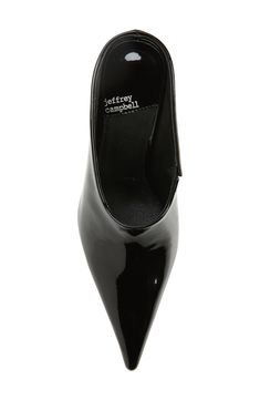 A patent upper ensures you shine in this pointy mule that extends its style from toe to heel. 3 3/4" heel (size 8.5) Leather upper/leather and synthetic lining/synthetic sole Imported Patent Leather Pointed Toe Mules With Padded Heel, Chic Patent Leather Mules With 4-inch Heel, Designer Pointed Toe Mules With 4-inch Heel, Patent Leather Mules With 4-inch Heel And Pointed Toe, Elegant Patent Leather Mules With 4-inch Heel, Jeffrey Campbell, Leather Upper, Nordstrom, Heels