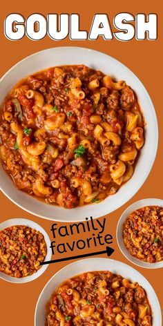 three bowls of pasta with the words goulash above them and below it is an orange background