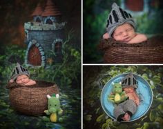 a baby sleeping in a basket next to a green dragon and a castle with two stuffed animals