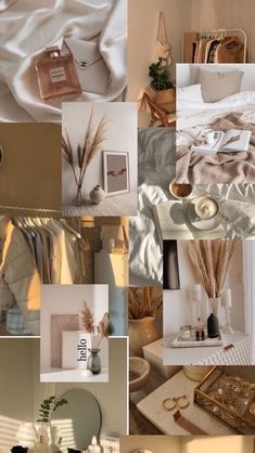 a collage of photos with various items and colors in the background, including bed linens