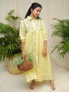 Buy Pastel Yellow Hand Embroidered Handwoven Silk Dress with Inner | DN105/KNYA5 Fashion Drawing Tutorial, Pastel Yellow, Fashion Drawing, Western Wear, Drawing Tutorial, Silk Dress, Hand Embroidered, Loom, Hand Weaving