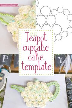 there is a cupcake cake with flowers on it and the words free teapot cupcake cake template