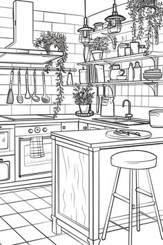 a black and white drawing of a kitchen with an island in the middle, potted plants on the wall