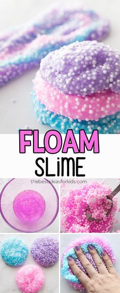 the process to make homemade floam slime is shown with pink and blue sprinkles