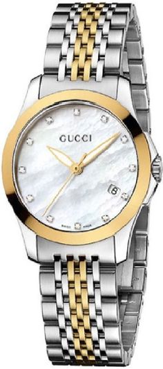 YA126513 GUCCI G-TIMELESS WOMEN'S CASUAL WATCH FOR SALE Usually ships within 6 months | Click to View In Stock Watches on Sale - Free Overnight Shipping - With Manufacturer Serial Numbers - Swiss Made - Mother of Pearl White Dial - Diamond Hour Markers - 12 Diamonds Set on Dial - Date Feature - Battery Operated Quartz Movement - 3 Year Warranty - Guaranteed Authentic - Certificate of Authenticity - Manufacturer Box & Manual - Yellow Gold Tone with Stainless Steel Case - Yellow Gold Tone with Stainless Steel Bracelet - Scratch Resistant Sapphire Crystal - 50 Meters / 165 Feet Water-Resistant - 27mm = 1" Case, 6" Adjustable Bracelet - Fixed Bezel - Luminescent Hands - Push & Pull Crown - Stainless Steel Deployment Buckle - Free Bracelet Sizing - Free Lifetime Battery Replacement     Also Kno Gucci Watches For Men, Gucci Watches, Watch Women's, White Dial Watch, Timeless Watches, Bracelets Silver, Gucci Watch, Watches Women, Buy Gucci