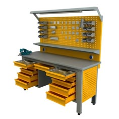 a yellow workbench with drawers and tools on it's sides, in front of a white background